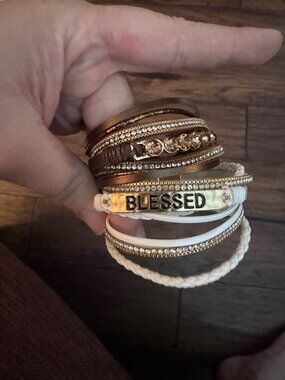 Leather Wrap Bracelet Set of 2 - Brown Crystal & White Blessed Rhinestone Bracel